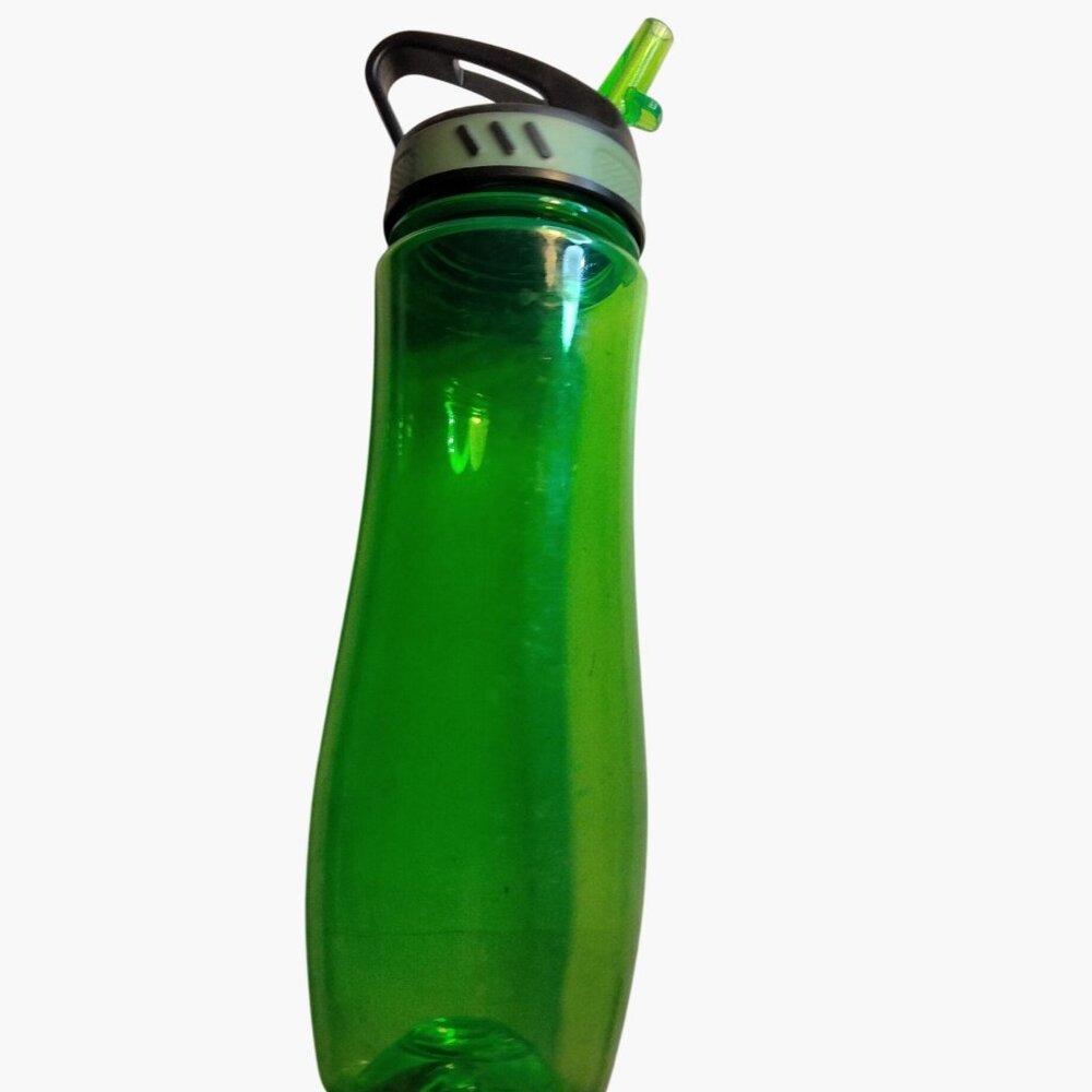 Sports Water Bottle Flip Straw Lid Green Plastic  24oz